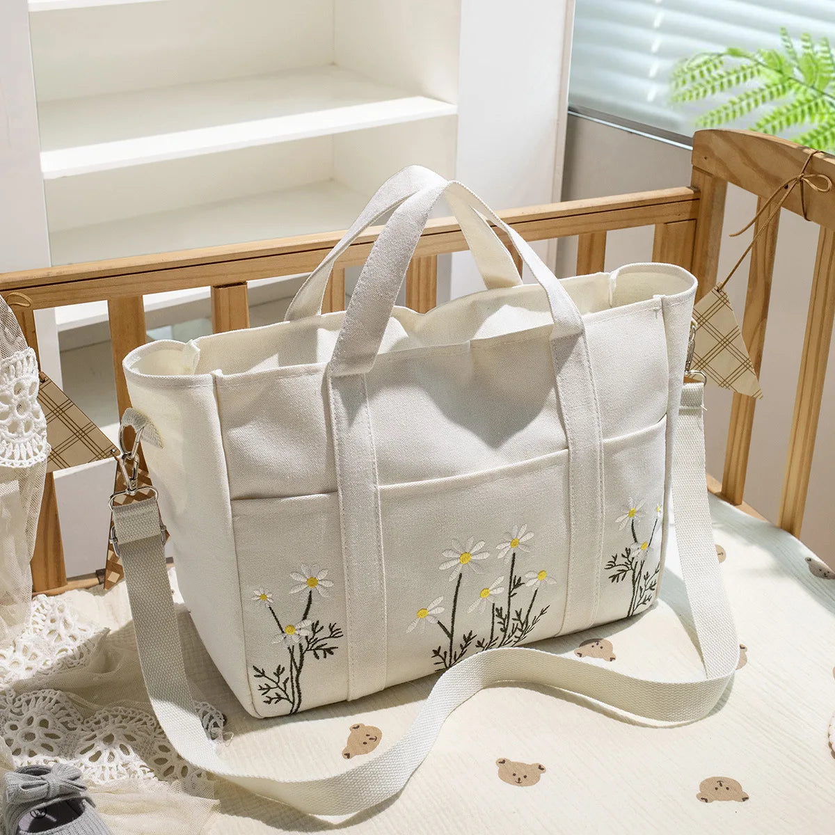 Flowers Embroidery Mommy Bag Multi-pocket Canvas Diaper Bag for Mom Large Capacity Nappy Organizer Baby Items Women Tote Bag