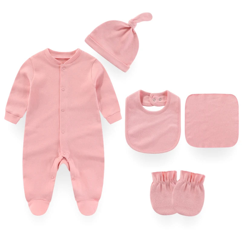 Kiddiezoom 7 Colors Solid Newborn Unisex Baby Clothes Set Rompers Burp Cloth Bib Hats Gloves 100 Percent Cotton