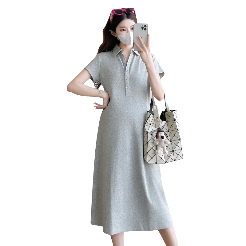 Korean Style Pregnant Woman Knitted Dress for Summer Short Sleeve Turn-down Collar Maternity Casual Dress