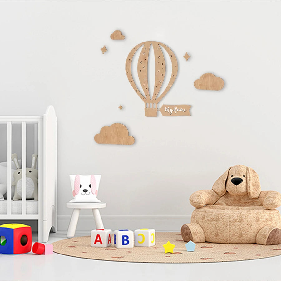 Ins Nordic Style “My Home” Wooden Hot Air Balloon and Cloud Star Wall Stickers, Hot Air Balloon with Hollow Star, Symbolizes Luck, Wall Decoration, Wooden Wall or Game Room Wall Sticker Decoration, Background Decoration,