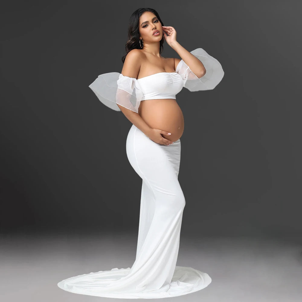 Maternity Ouifits 2Pcs Organza Sleeves Tube Top and Mermaid Hem Maxi Dress for Baby Shower Photoshoot