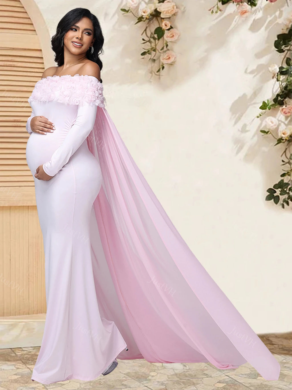 Maternity Women's Appliques Off Shoulder Long Sleeves Photography Dress Mesh Cloak Maxi Gown for Photoshoot Baby Shower