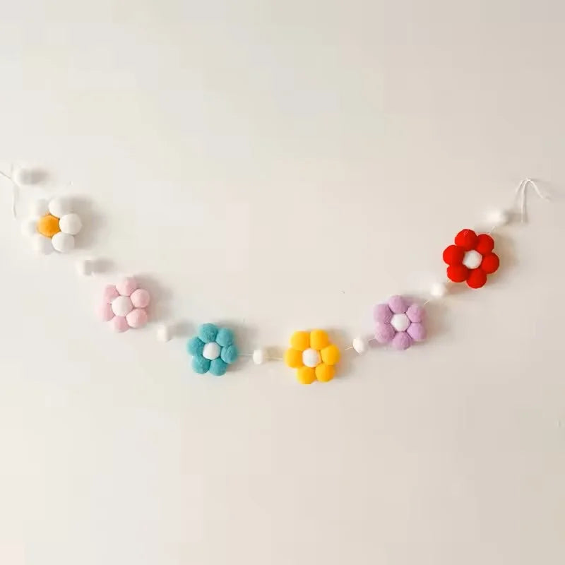 Nordic Style Handmade Pom-Pom Colorful Daisy Flower Garland for Decoration, Shelf Decoration, Wall Hanging Pom-Pom Pink Daisy Wreath, Holiday, Christmas, Wedding, Thanksgiving, Wall Decoration Garland, Tent Curtain Dec - Baby World SA
