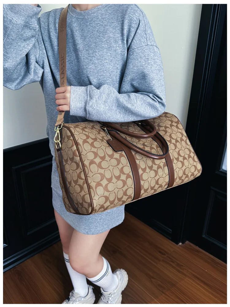 Classic Vintage Monogram Travel Duffle Bag, Trendy Versatile Overnight Weekender Bag with Top Handles & Adjustable Strap