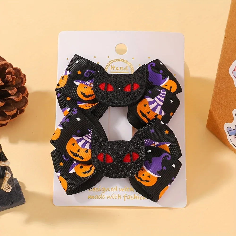 BrandName Halloween Hair Accessories for Kids Girls 2Pcs Set Ribbon Bow Hairpin Ghost Pumpkin Bat Clips