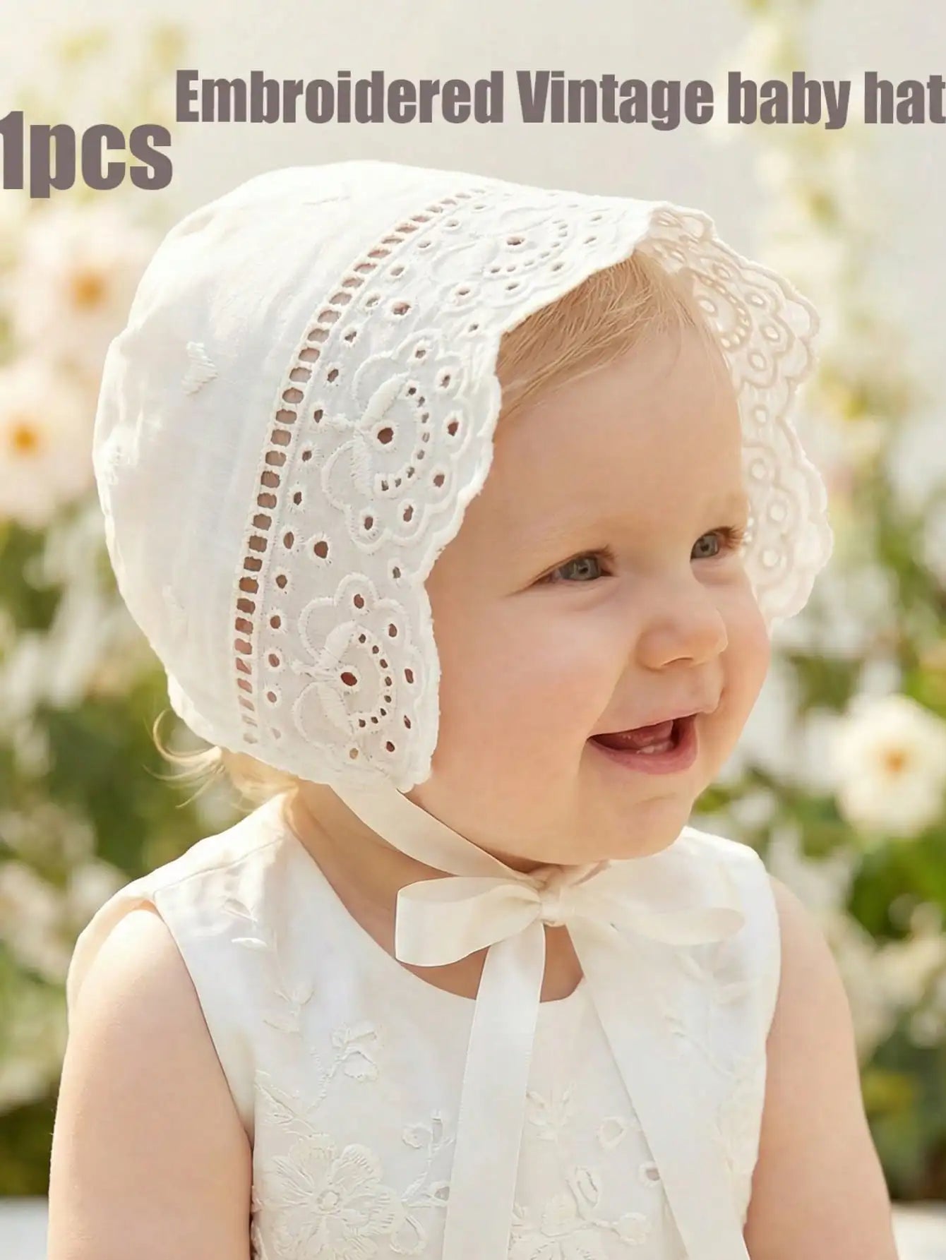 1Pc Retro Court Style Beige Embroidery Lace Baby Hat Soft Floral Bonnet For Newborn Girls 0-3/3-6 Months