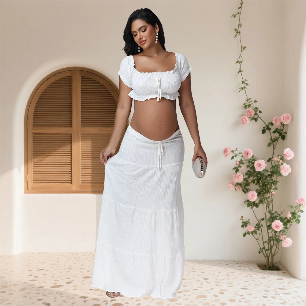 2Piece Maternity Dress Set Ruffle Tube Top and Maxi Skirt for Photoshoot Baby Shower Model MTR2PCRA