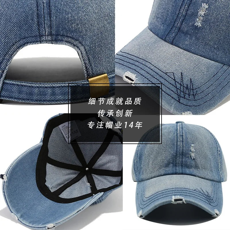 Cross-border Washed Distressed Embroidered Denim Baseball Cap Solid Color Outdoor Travel Sun Protection Visor Cap