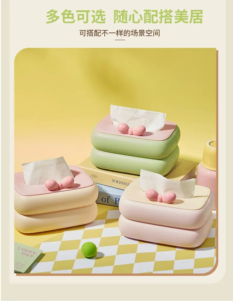 Cute spring-loaded automatic lift tissue box with large storage, for desk or table.