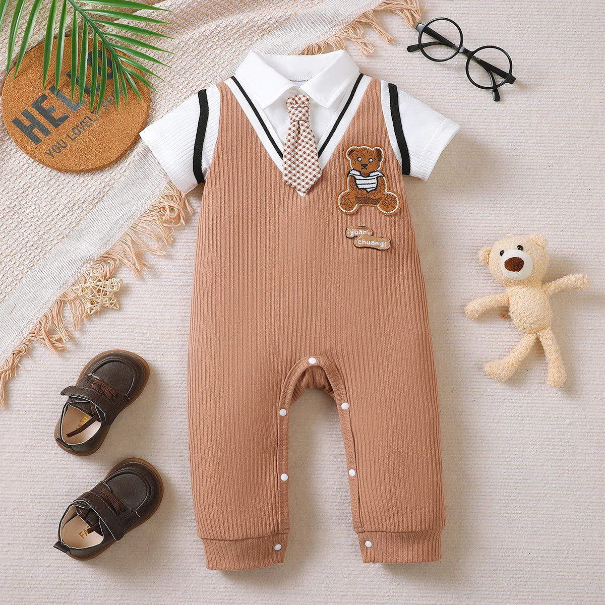0-18 Months Baby boy Jumpsuit Collar Cartoon Teddy Bear Short Brown Jumpsuit for Birthday Party Little Gentleman Jumpsuit