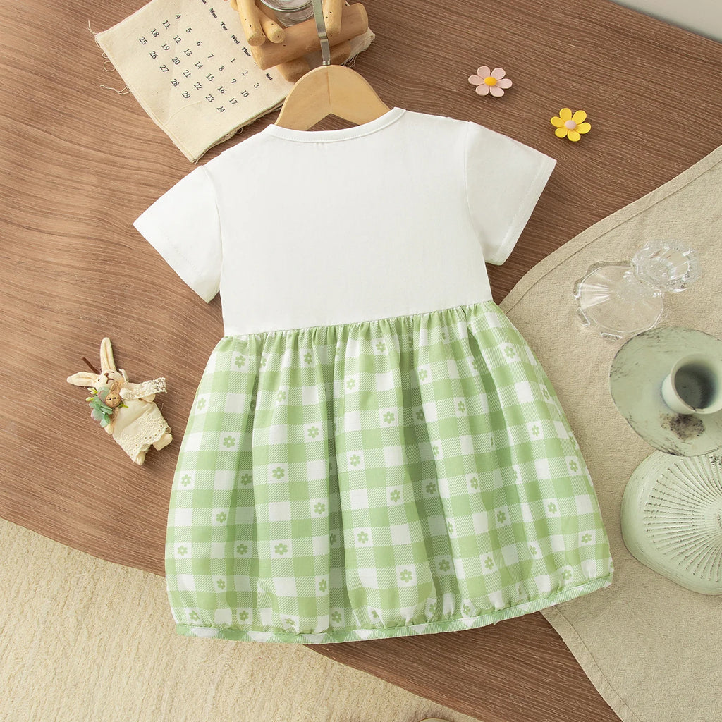 Summer New Sweet Fake Two Piece Baby Girl Dress, Cute Checkered Small Floral Children'S Clothing (3-18 Months)