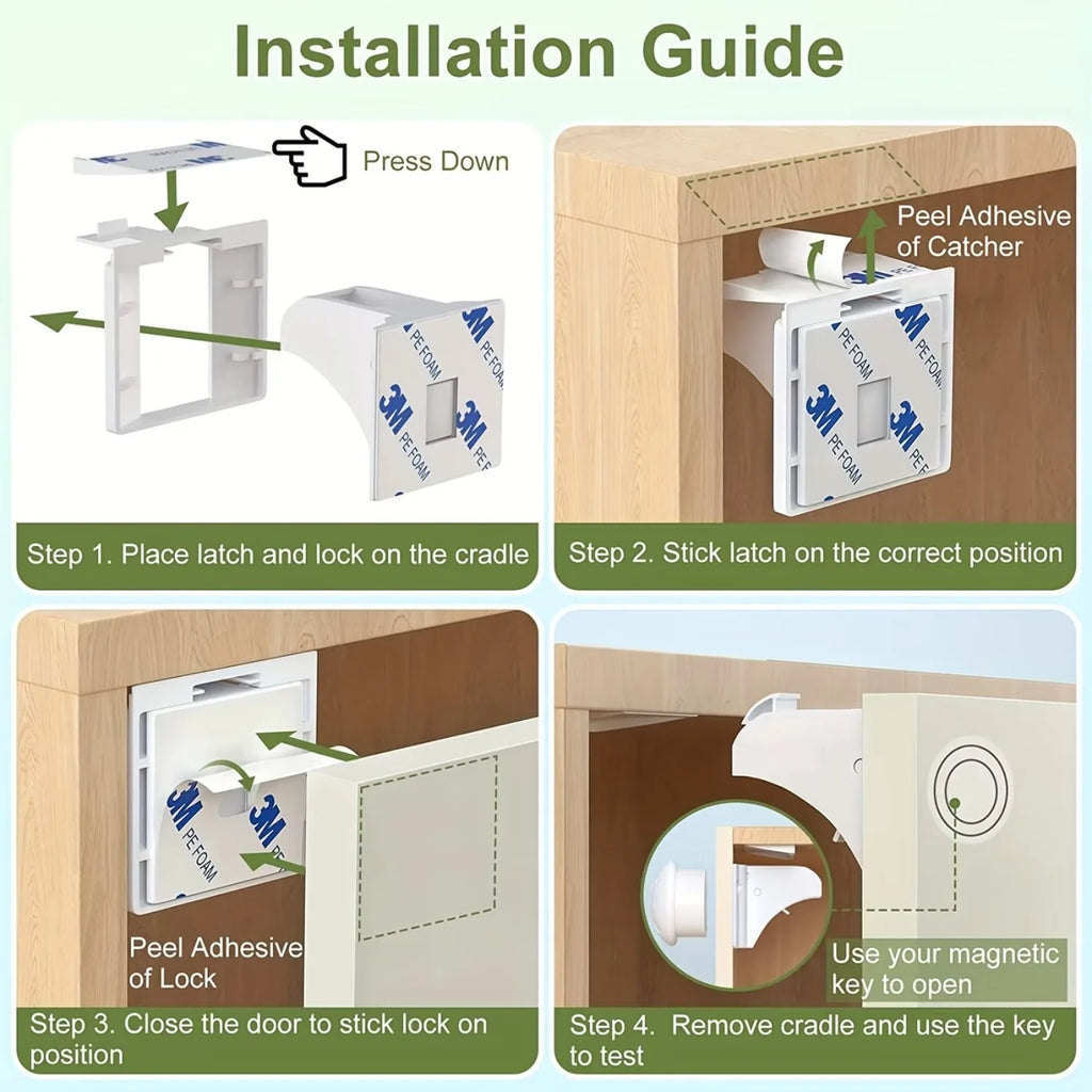 4/8Piece Magnetic Child Safety Cabinet Locks No Drill Baby Proofing Drawer Lock with Key Adhesive or Screw Mount Option
