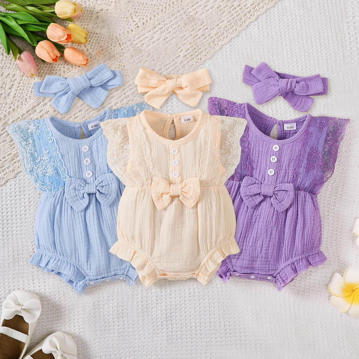 0-18 Months Baby Girl Romper Solid Color Sleeveless Round Neck Lace Edge Bow Romper+Headband Baby Girl Summer New Casual Bodysui
