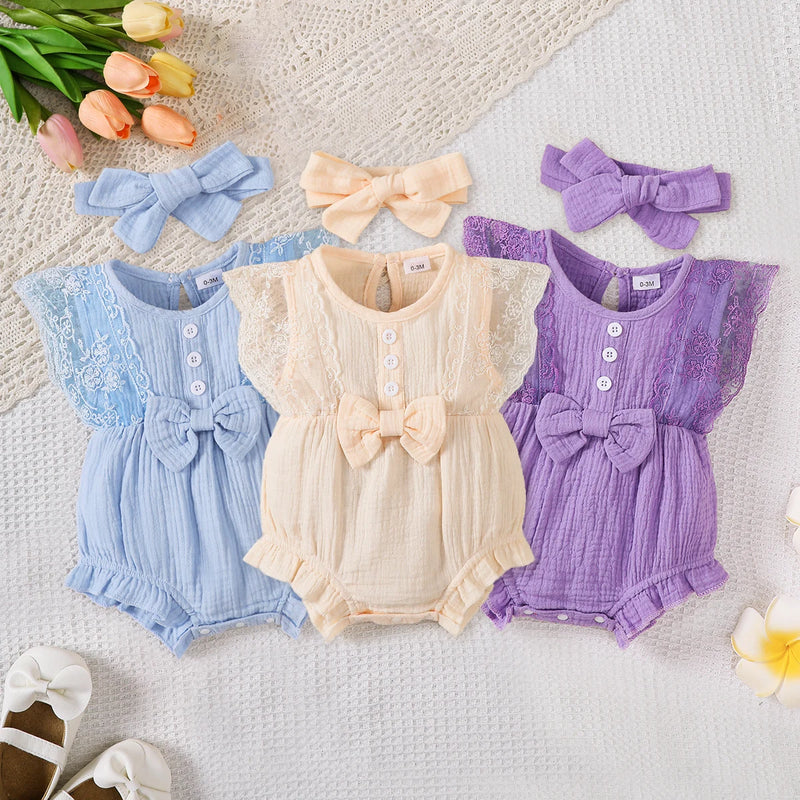 0-18 Months Baby Girl Romper Solid Color Sleeveless Round Neck Lace Edge Bow Romper+Headband Baby Girl Summer New Casual Bodysui