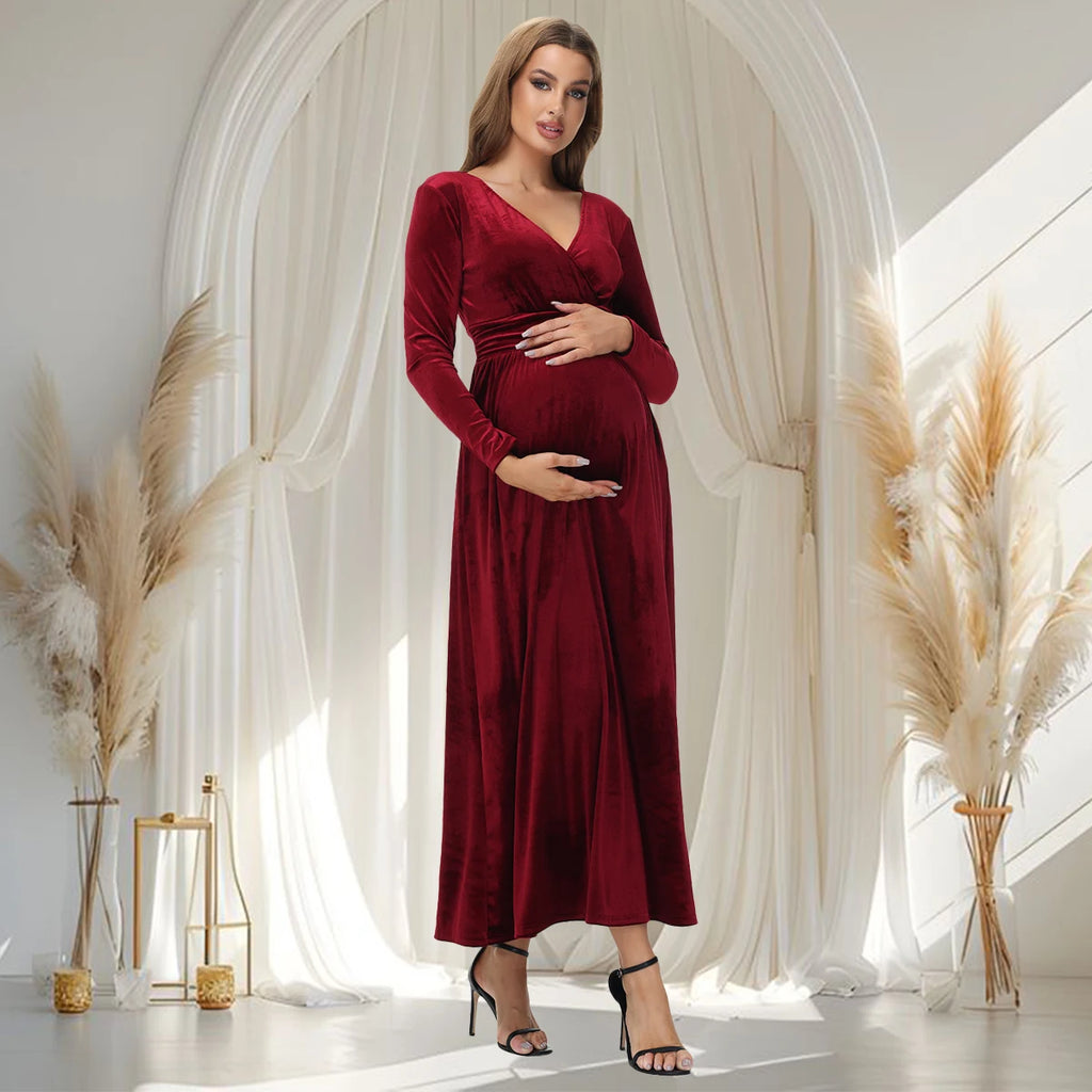 Maternity Photography Dress Velvet Long Sleeves V-Neck High Waist Gown For Wedding  Baby Shower Photo Shoot