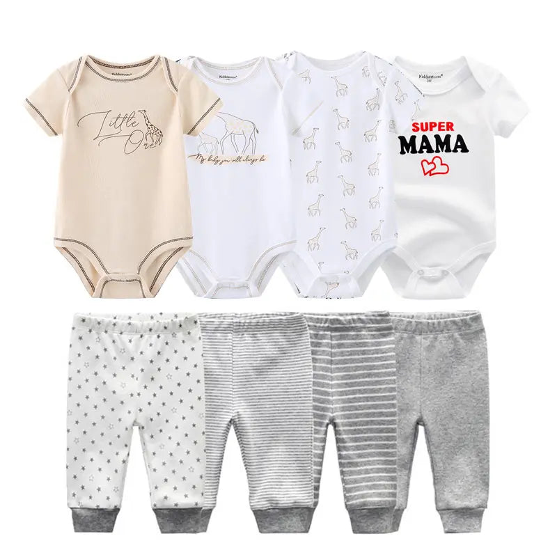 8-Piece Cartoon Baby Bodysuits and Pants Cotton Newborn Unisex Short Sleeve Onesies Trousers 0-12 Months