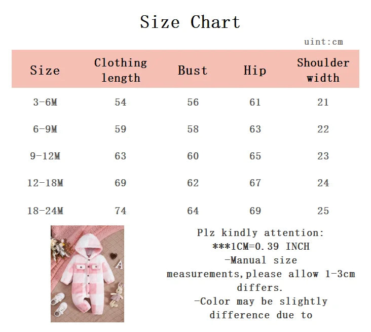0-24 Months Baby girl Plush Hooded Color Blocked Checkered Long sleeved Jumpsuit Cute Baby girl Winter Warm Crawling Suit