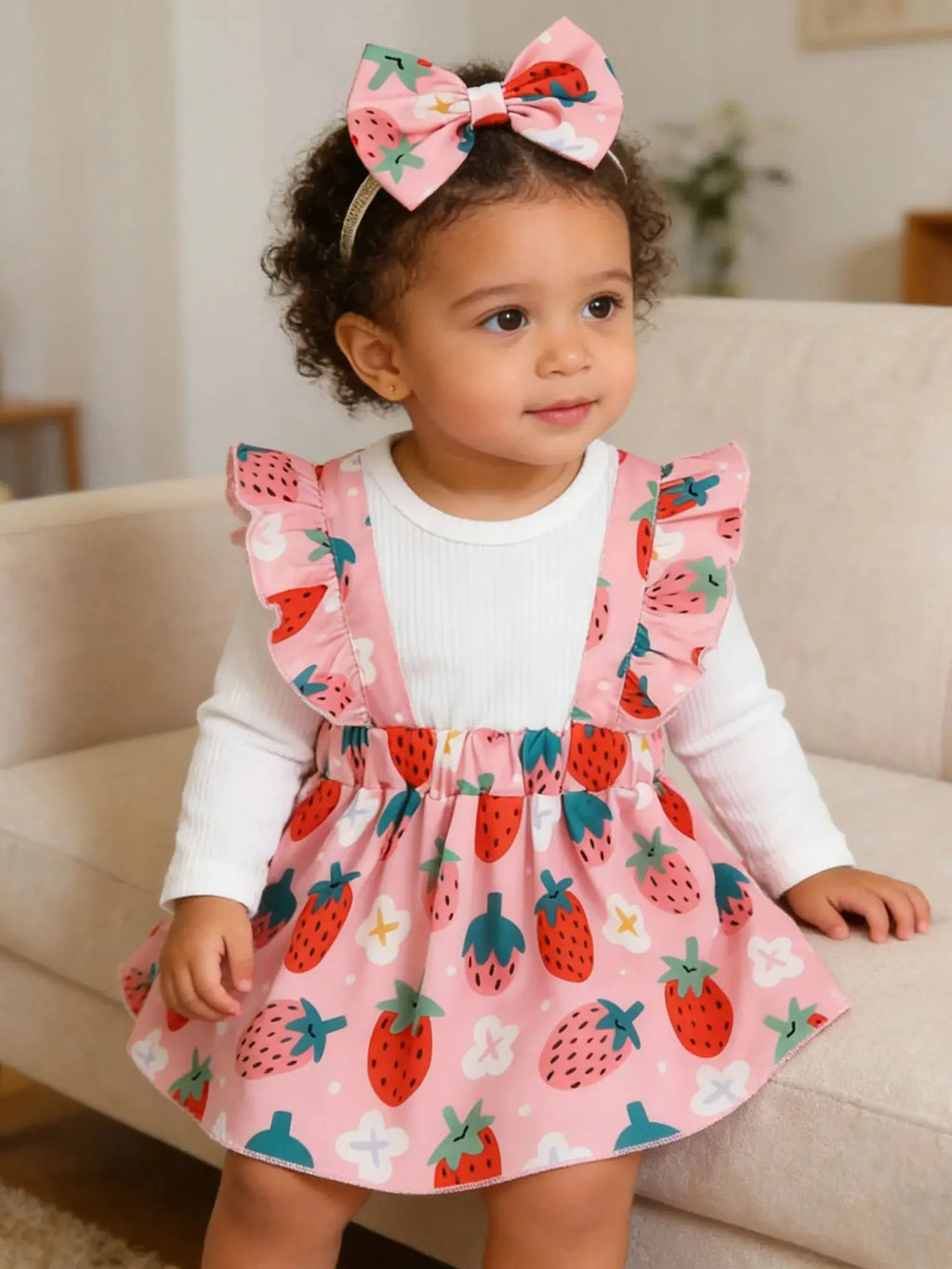 2Pc/Set Baby girl Dress  Ruffled Strawberry Print long sleeved Dress suitable Cute Baby girl 0-24 Months Spring and autumn Dress