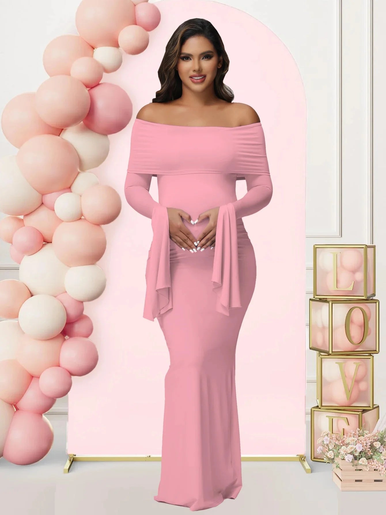 Maternity Off Shoulder Maxi Dress For Photoshoot Long Sleeve Bodycon Gown For Pregnancy And Baby Shower