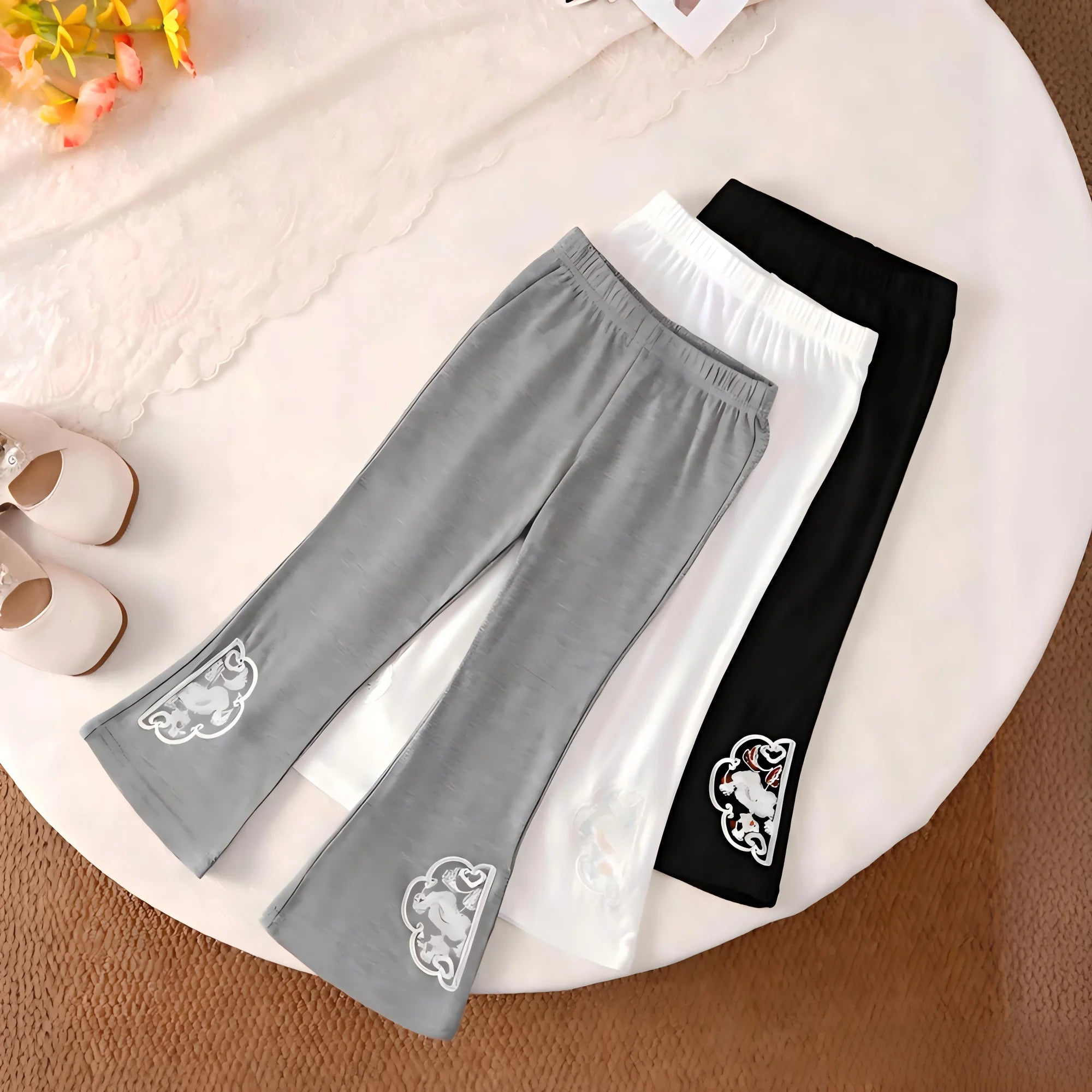 Girls' Bell bottom Pants Solid color Elastic Waist Embroidered Bell Bottom Pants 1-8 Years Girls' Fashionable Versatile Pants