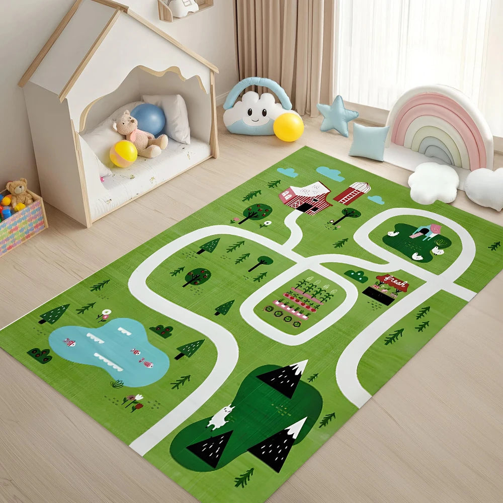 Kids Interactive Cartoon Animal Traffic Track Carpet Forest Theme Fun Play Mat Easy Clean Rug for Living Room Kids Bedroom