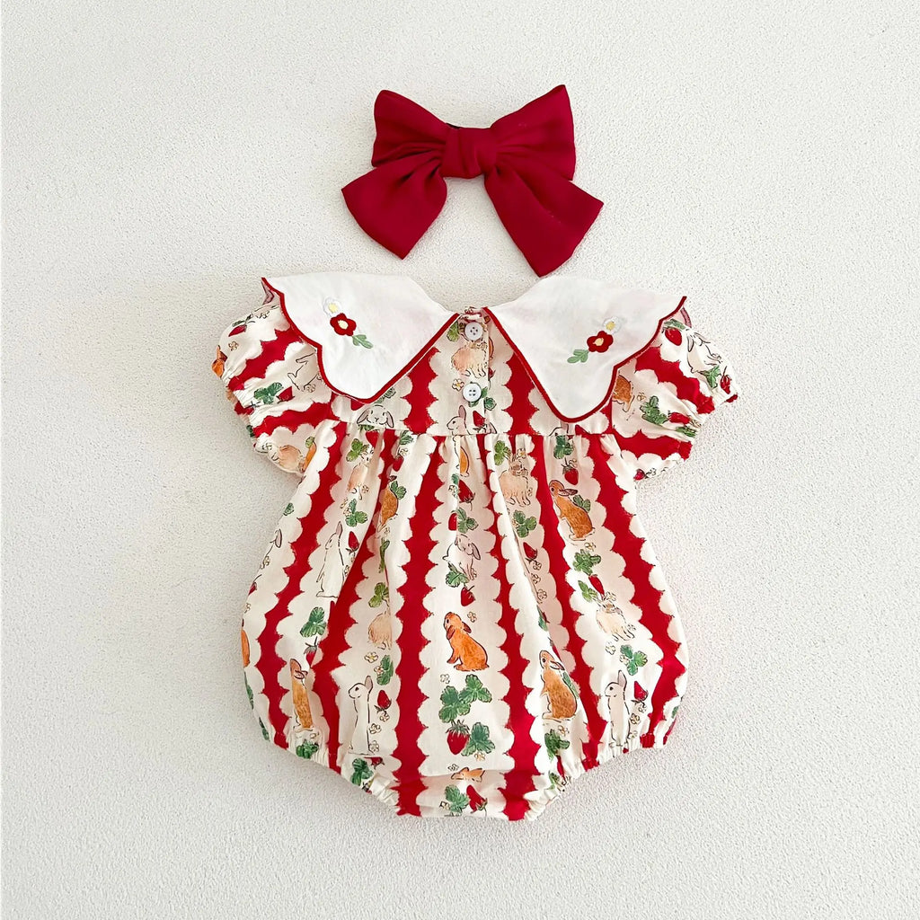 insBaby Girl Rabbit Cartoon Print Embroidered Collar Romper Infant Toddler Sweet Summer Short Sleeve Jumpsuit