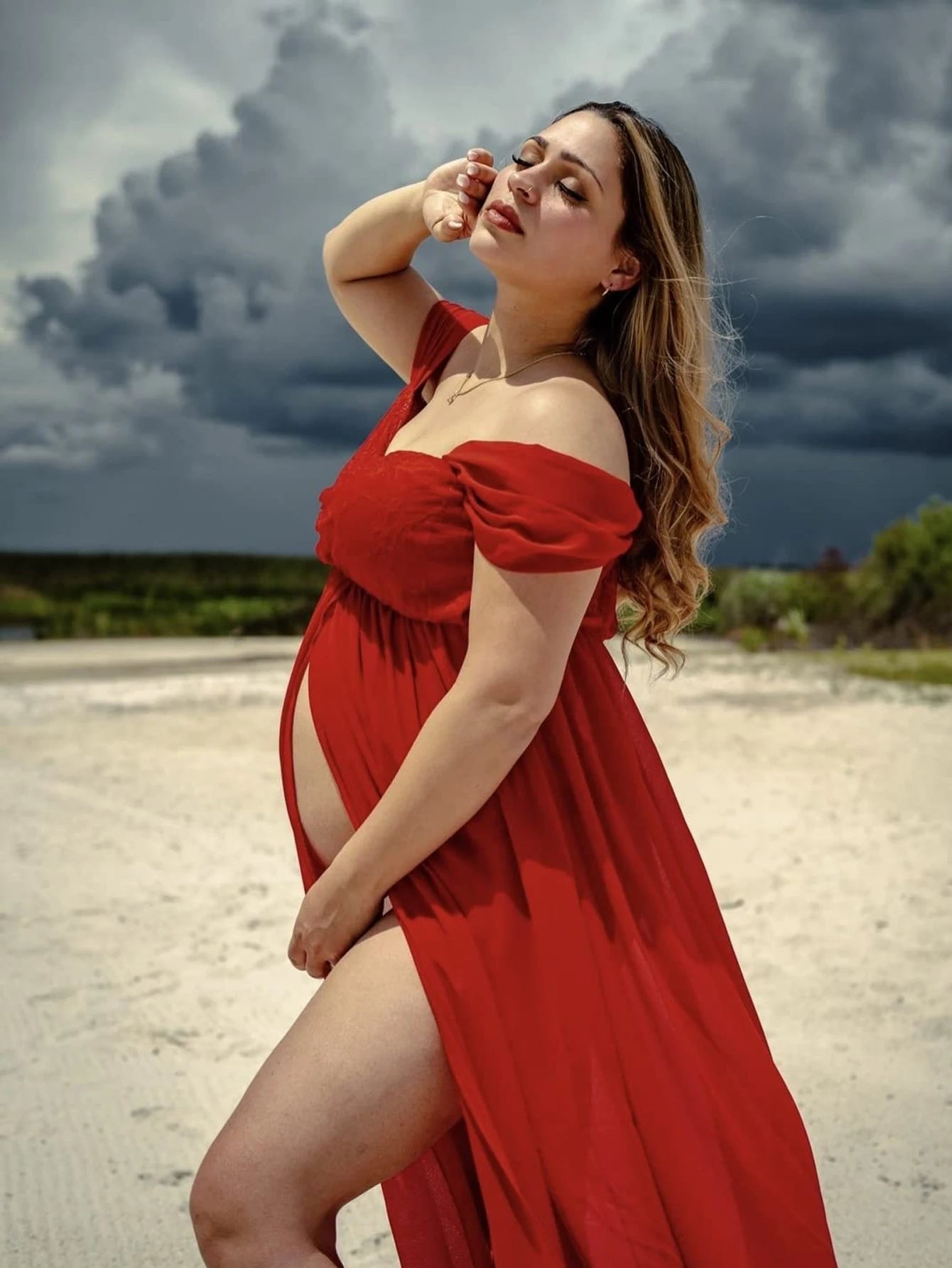 Maternity Lace Dress Sexy Gown Off Shoulder Long Pregnancy Dress Photo Shooting Women Fancy Clothing Slit Dress for Photoshoot