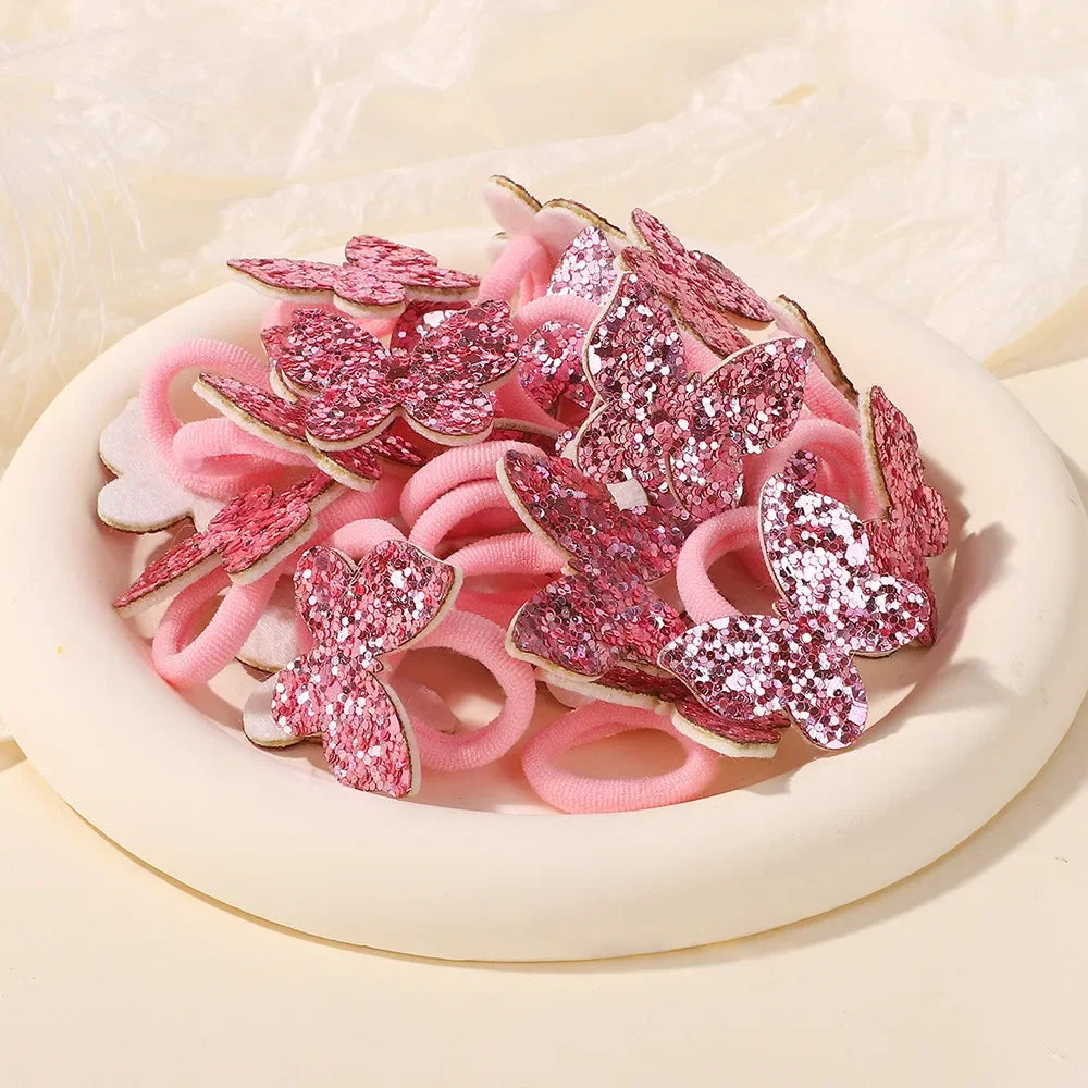 20Pcs/lot Sequin Butterfly Hairbands for Children No Harm To Hair Cartoon Towel Rope Girls Ponytail Holder Rubber Band Headwear
