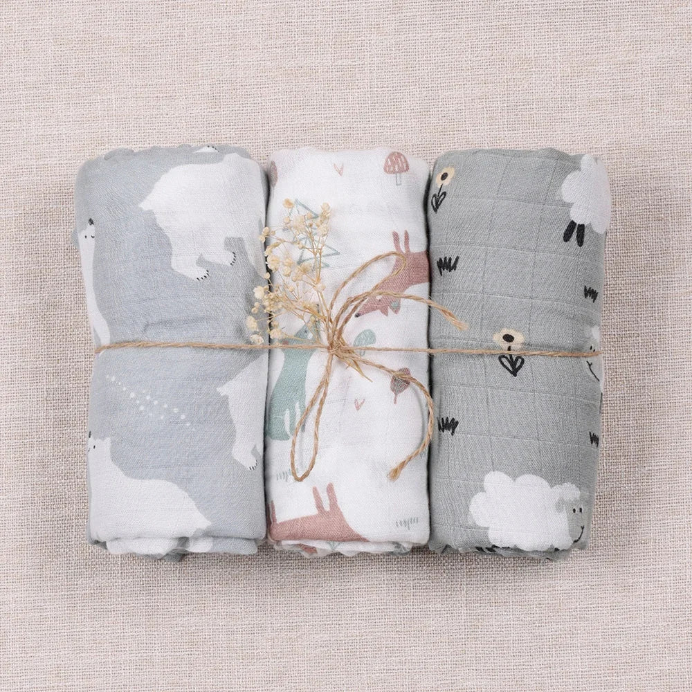 Elinfant Bamboo Cotton Muslin Swaddle Blanket 3 Piece Set Newborn Swaddle Wrap Nursing Cover