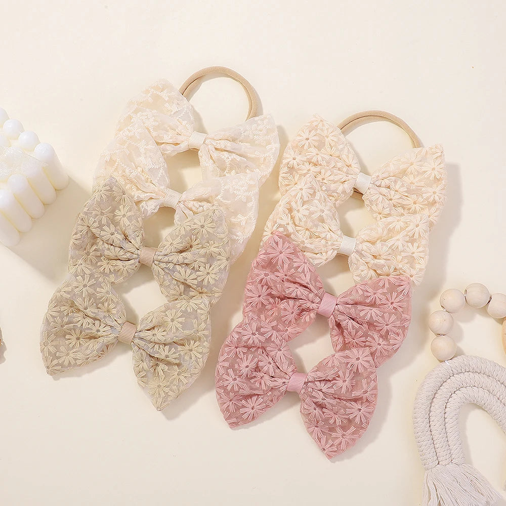 4Pcs 4.5 Inch Big Bows Hair Nylon Band for Baby Rural Style Daisy Embroidery Butterfly Bow Headband Sweet Headdress