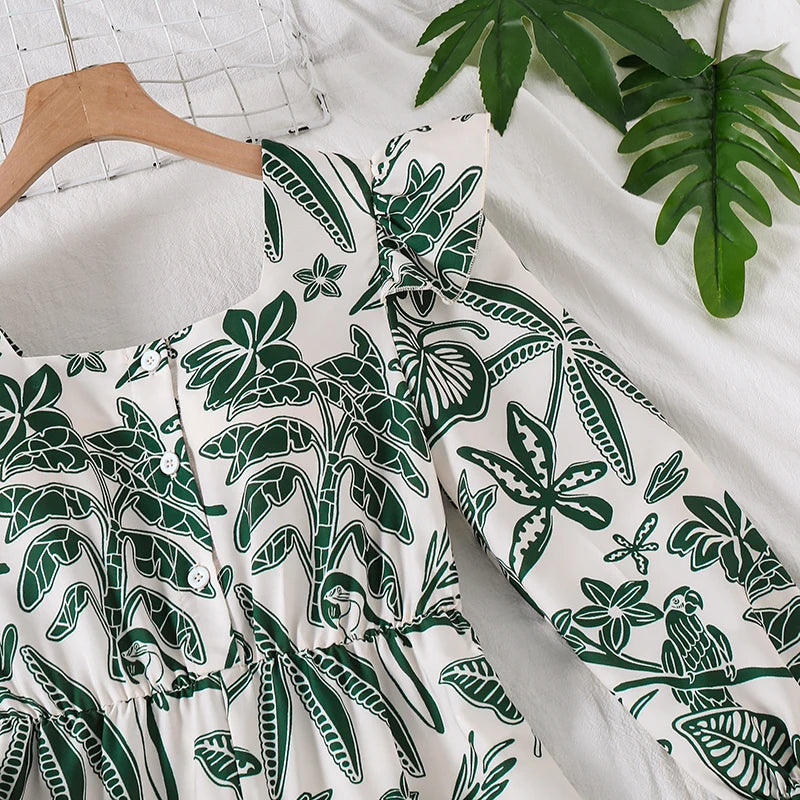 Teen Girls Botanical Print Jumpsuit, Back Big Bow Flared Cuff High Waist Loose Straight Long Casual Playsuit