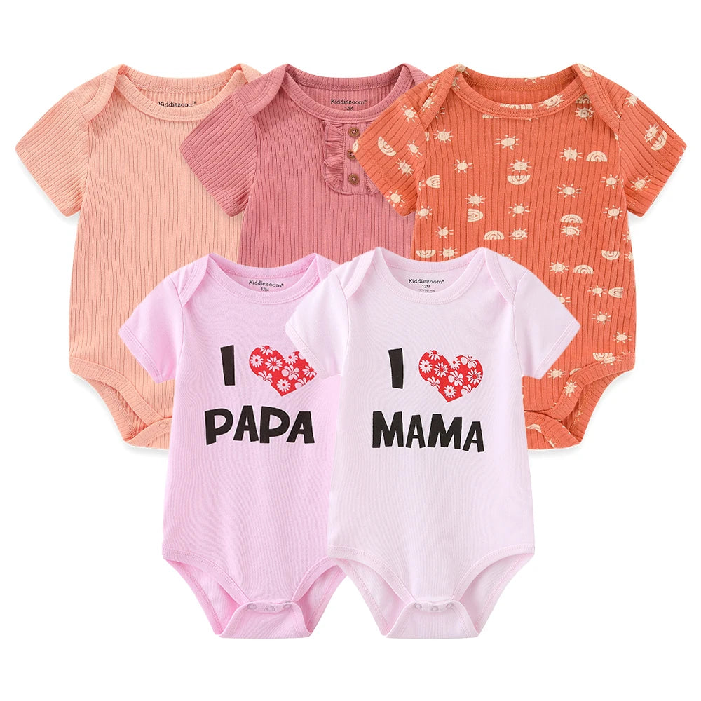 I Love Papa Mama Cartoon Baby Bodysuits 5-Pack Unisex Short Sleeve Onesies 0-12 Months