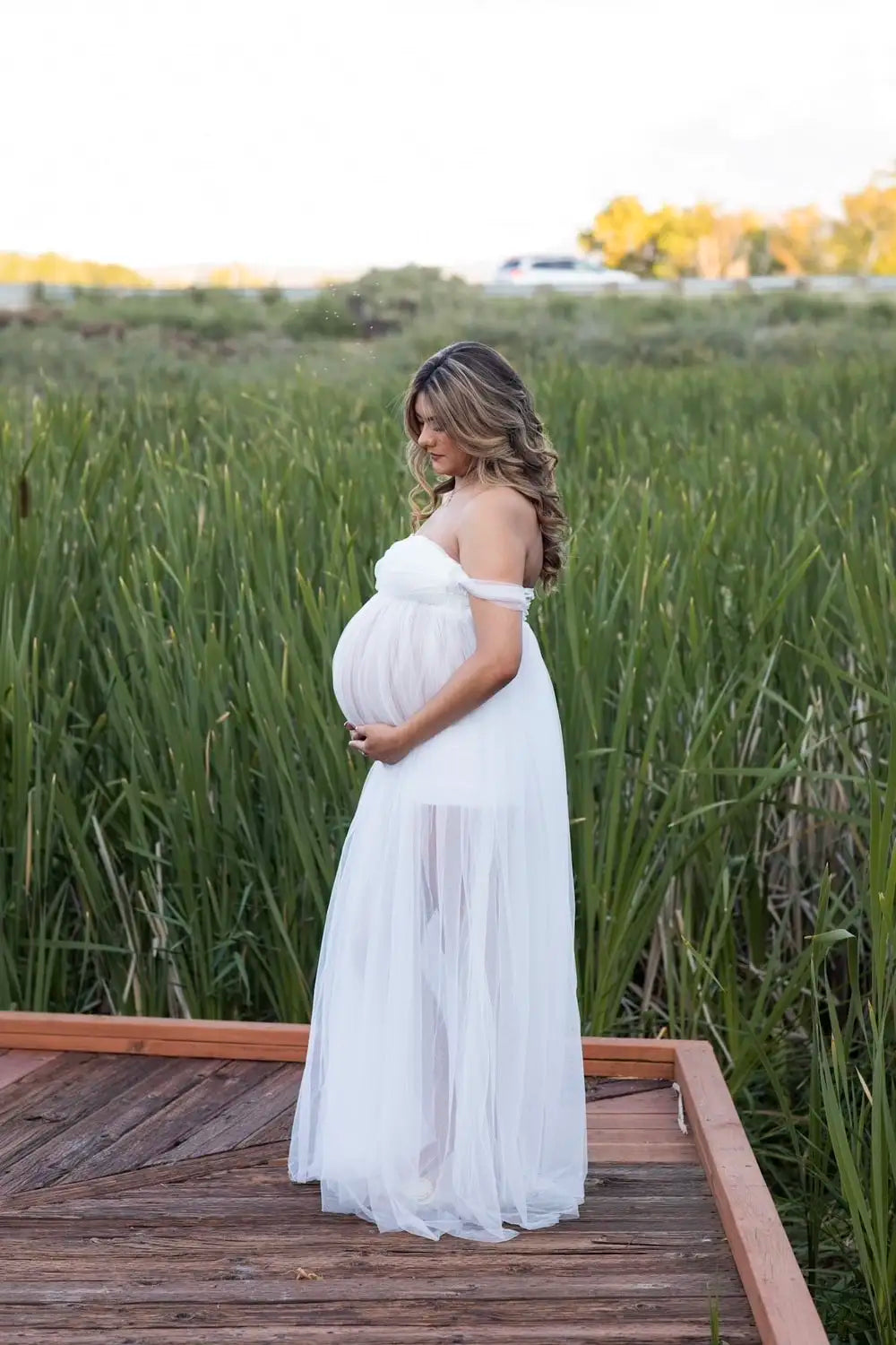 Maternity Lace Mesh Long Dress Pregnancy Shouldless Maxi Gown Dresses Soft Tulle Fabric Strapless for Baby Shower Photo Shoot