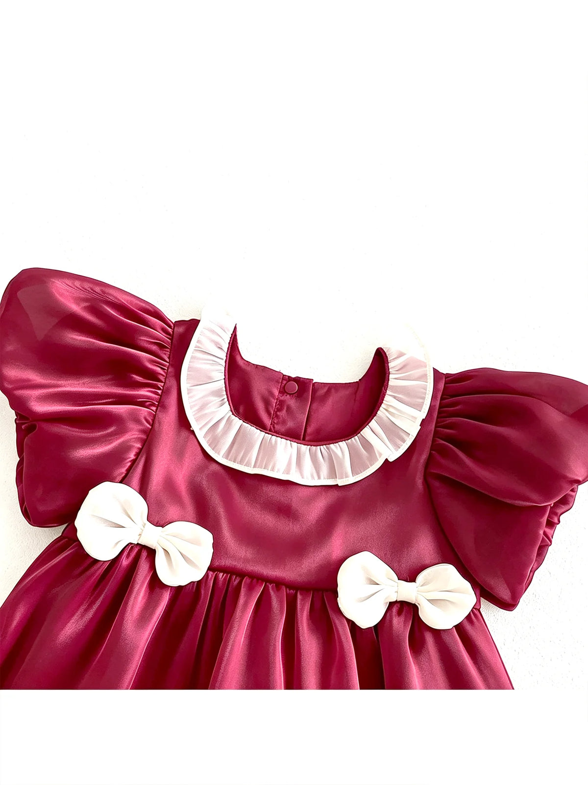 Baby-Fitting Ruffle-Collar, Cap-Sleeve, Bow-Tie Burgundy Baby Girl Onesie—Cute Spring/Summer Outfit for Newborns