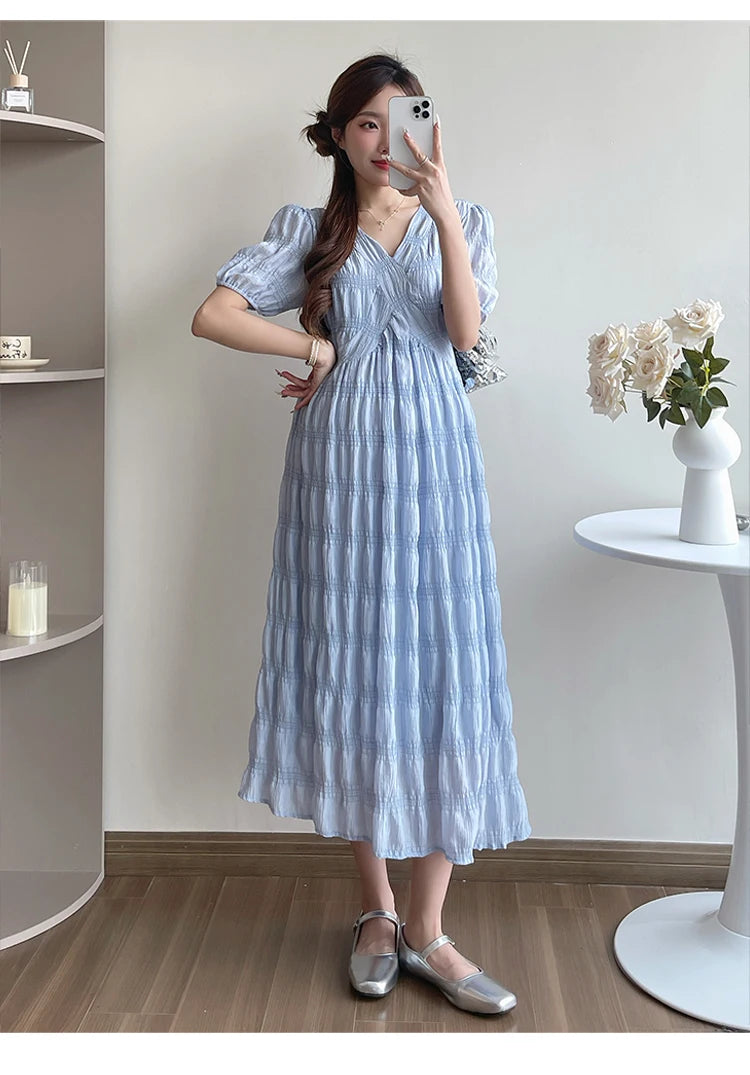 French Style Summer Maternity Pleated Dress High Waist V-neck Short Sleeve Pregnant Woman Elegant Dress Pregnancy Clothes Loose