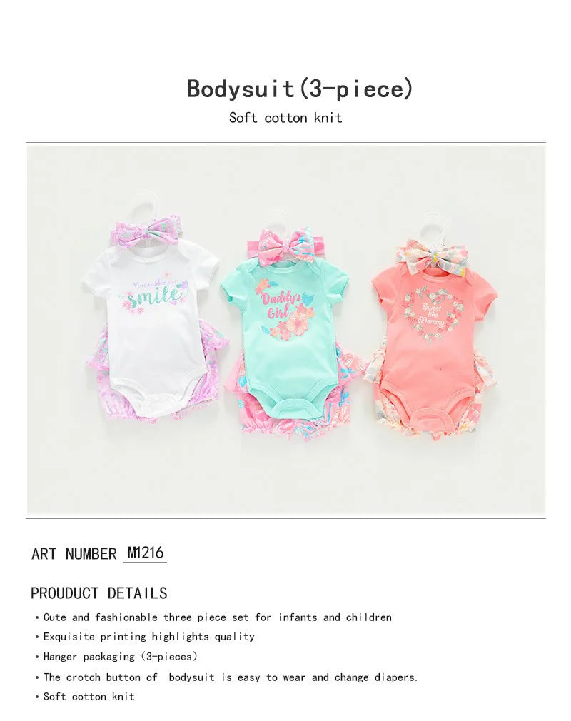 Cute Fashion 3-Piece Baby Girl Clothing Set Cartoon Newborn Bodysuits+Short Pants+Hairband Suits Summer Infant Clothes