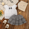 2pc/Set Girls' Suit Summer Bow And Plaid Lace Trim Short Sleeve Casual Toddler Girl Clothes Cute Simple Children Clothes