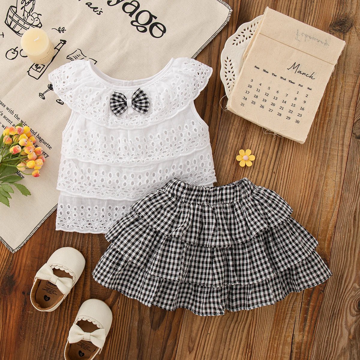2pc/Set Girls' Suit Summer Bow And Plaid Lace Trim Short Sleeve Casual Toddler Girl Clothes Cute Simple Children Clothes