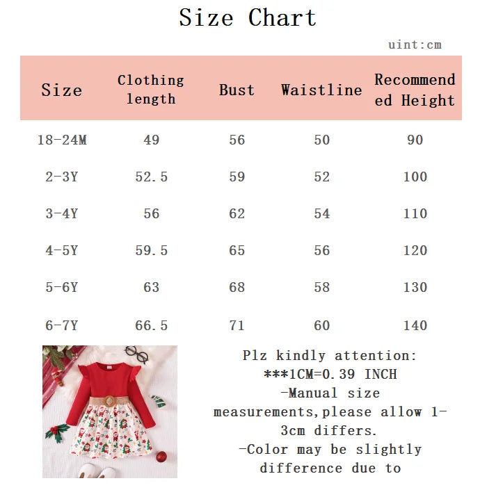 Girls' Christmas Dress Round Neck Santa Claus Printed Long Sleeve Dress+Belt 2Pcs/Set New Year's Clothing for Girls 1-7 Years