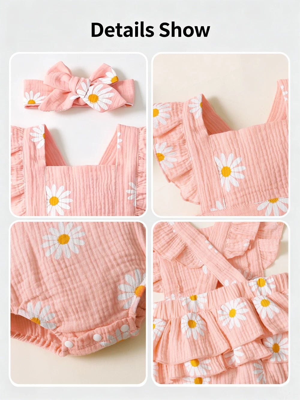 Baby Girl 2Pcs Summer Outfit Daisy Print Ruffle Flutter Sleeve Backless Romper with Headband Cute Infant Set for Daily Wear
