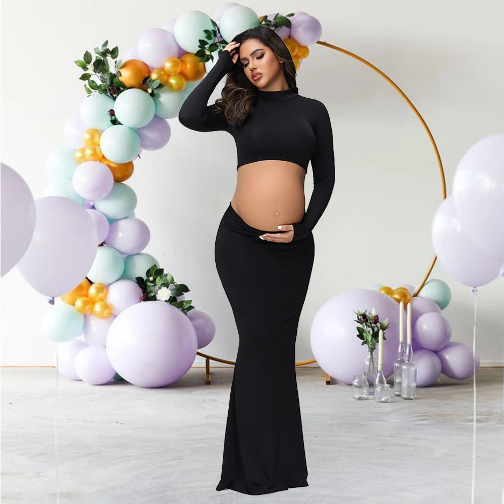 Maternity Mock Neck Long Sleeve Top Slim Maxi Skirt 2 Pcs Set Photoshoot Outfit  Wedding Party Pregnant Clothes