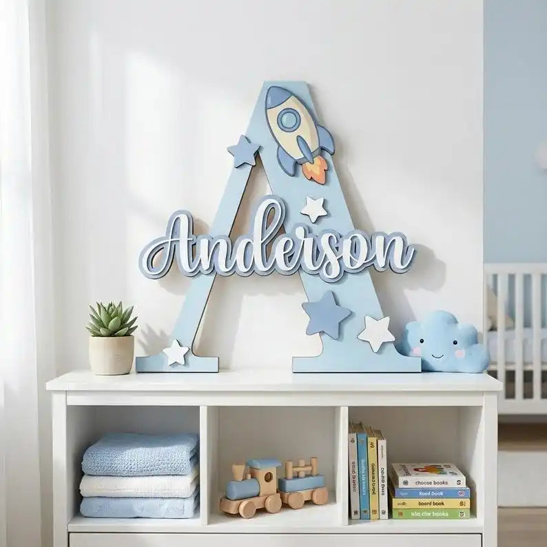 Personalized Wooden Initial Letter Name Sign – Pink Butterfly Cloud Nursery Wall Decor
