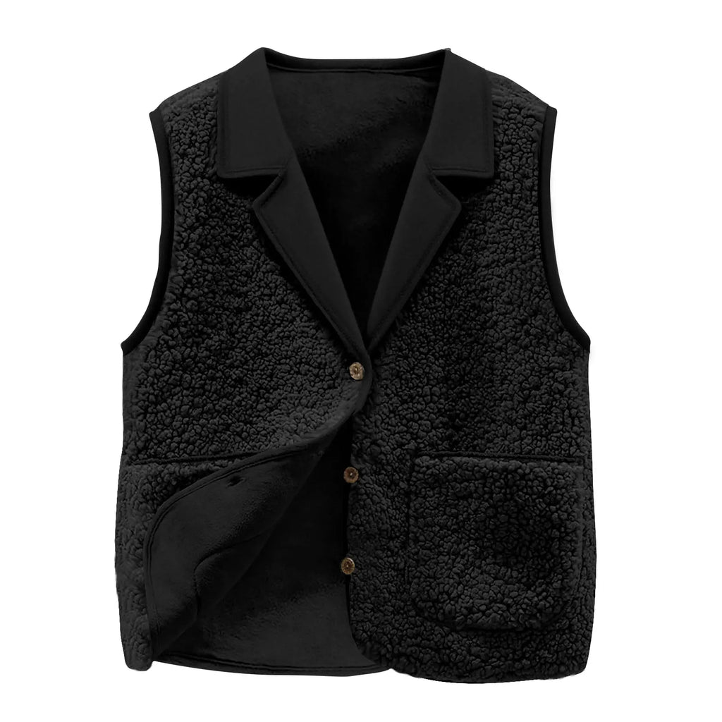 Women's Sherpa Fleece Vest, Lapel Collar, Button-Front, Pockets, Casual Warm Sleeveless Jacket Coat for Autumn Winter
