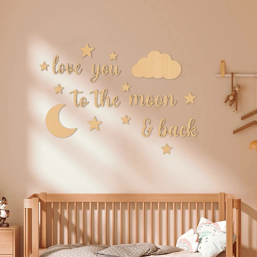 18Pc Natural Wood "Love You to the Moon" Letter Wall Stickers Children's Room Star and Moon Cloud Decoration Set Nordic Style Wooden Star and Moon Letter Wall Decor Baby Room Warm Love Message Soft Decoration Wooden Wall Stic
