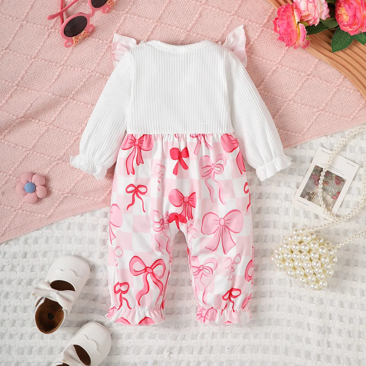 Newborn Baby girl Bodysuit Ruffled edges Bow print Bodysuit for 0-18 Months Cute Baby girl Spring and Autumn Crawling Clothes