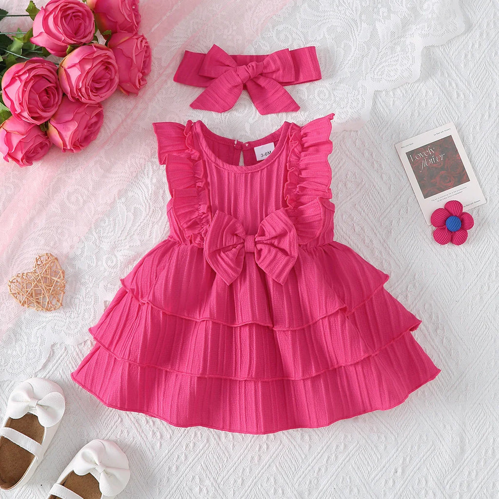 2Pcs Newborn Baby Girl Dress with Ruffles and Cake Skirt + Hairband Set, Suitable for 0-24 Months, Fashion Dress for Baby Girls