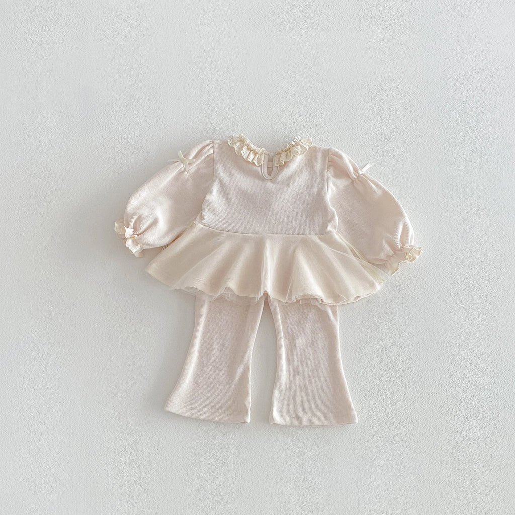 Girls' Fashion Set 2026 Korean Style Spring-Autumn Net Scarfed Bowknot baby Shirt with Flared Pants - Girls' Two-Piece Set