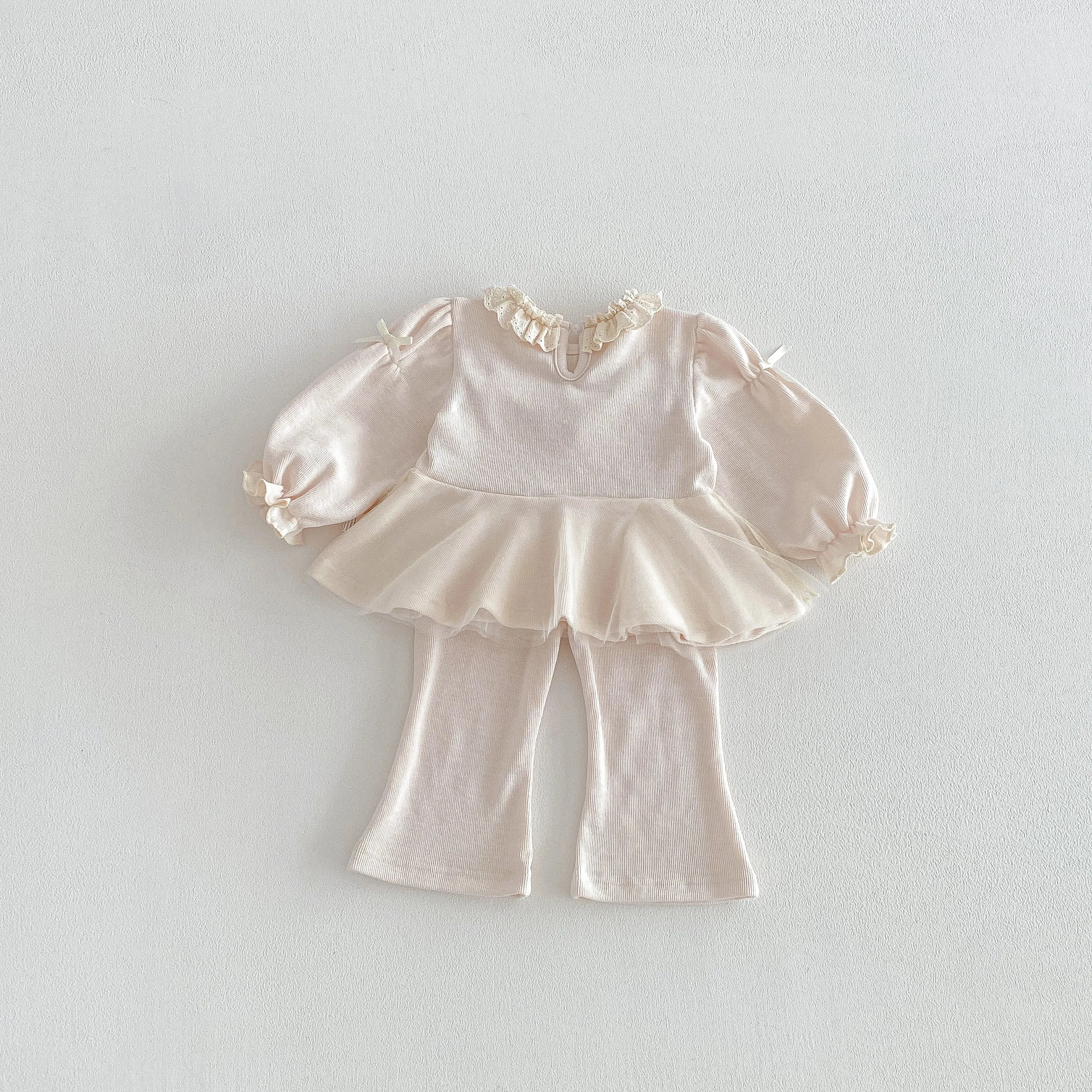 Girls' Fashion Set 2026 Korean Style Spring-Autumn Net Scarfed Bowknot baby Shirt with Flared Pants - Girls' Two-Piece Set