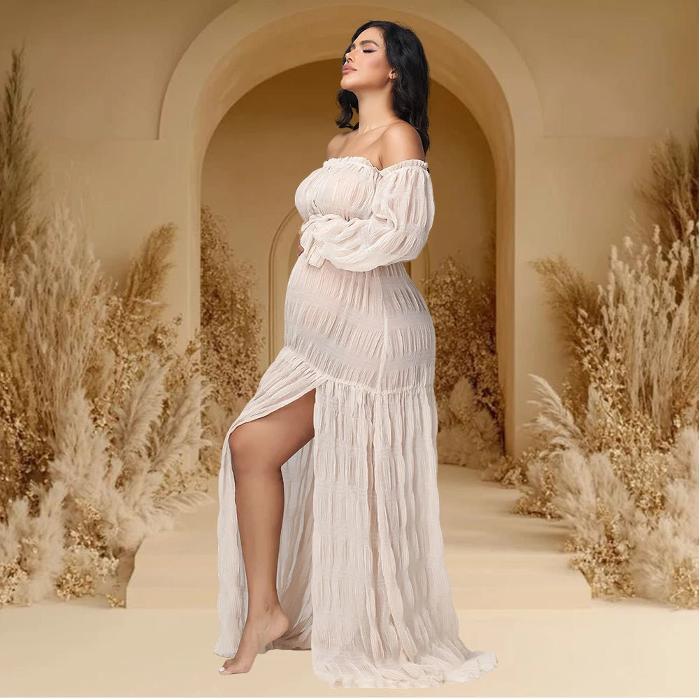 Bohemian Maternity Chiffon 2 Piece Photoshoot Dress Baby Shower Maxi Dresses Off Shoulder Lantern Sleeve Ruched Slit Outfit