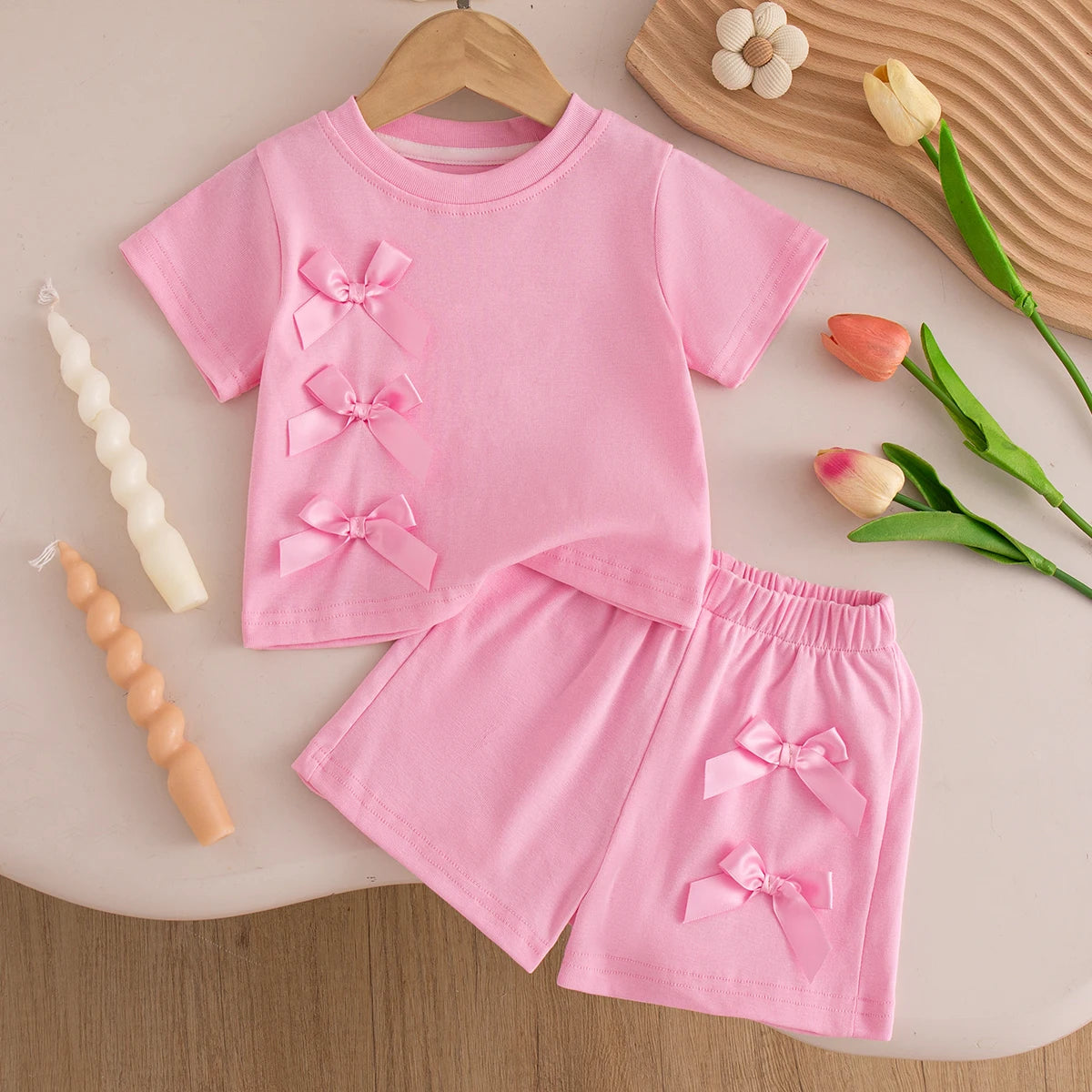 Baby Girl Set Summer Solid-Color Bow Short-Sleeve Top and Shorts Baby Girl Clothes Cute Beach Baby Outfit Set